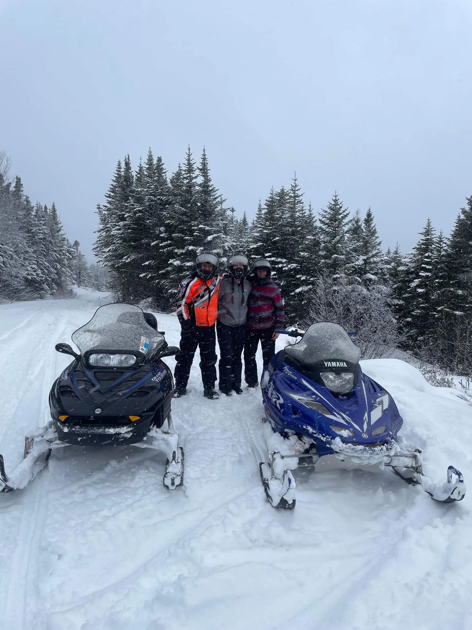 3 people and 2 snowmobiles