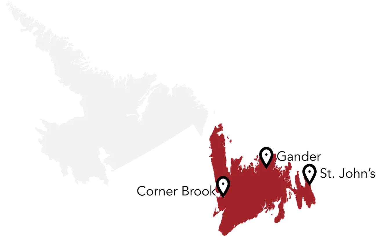 Map of Newfoundland marking Corner Brook, Gander and St. John's